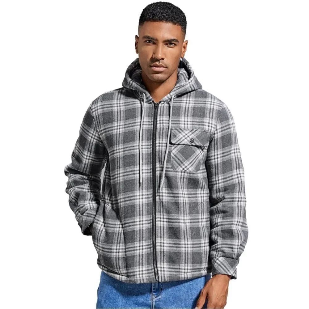 Men’s Gray White Plaid Flannel Full Zip Hooded Jacket Fleece Lined Size XL NEW